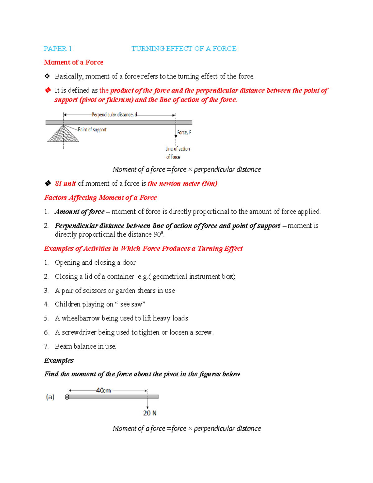 3. Turning Effect OF A Force PAPER 1 TURNING EFFECT OF A FORCE Moment