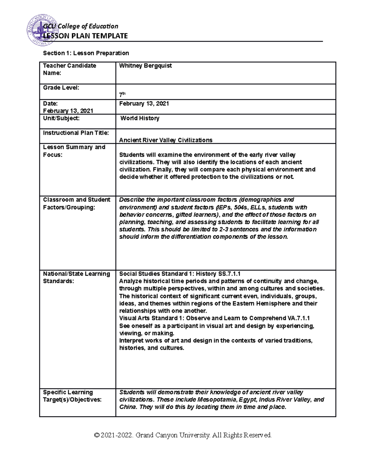 World History Lesson Plan LESSON PLAN TEMPLATE Section 1 Lesson 