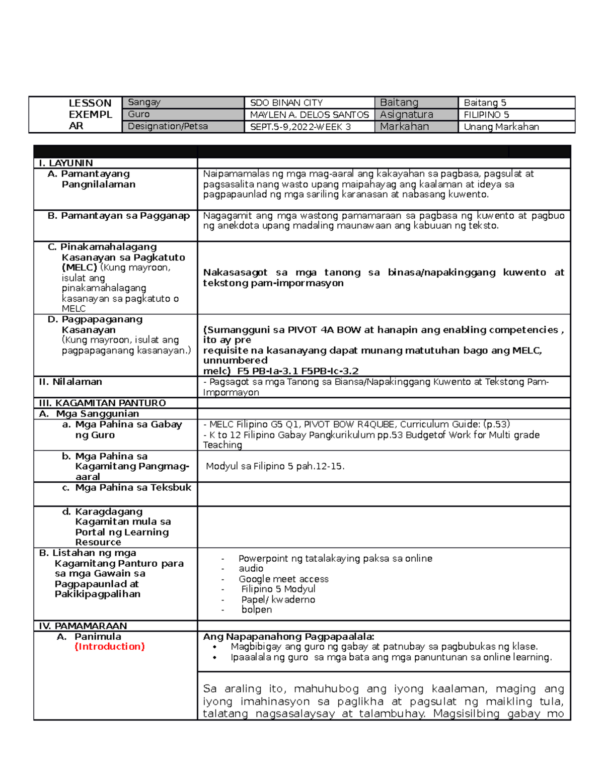 IDEA LE Filipino 5 -Q 1 W 3 - LESSON EXEMPL AR Sangay SDO BINAN CITY ...
