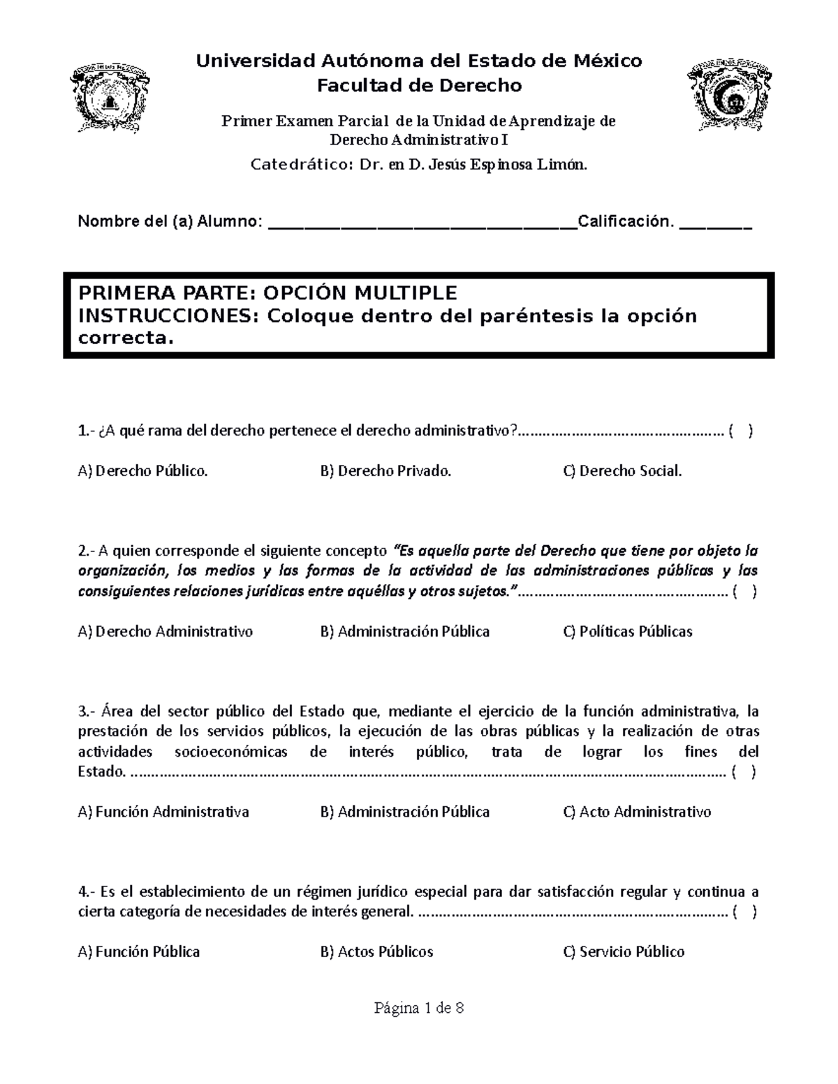 Primer Examen Parcial D Administrativo 1 2023a - Facultad De Derecho ...