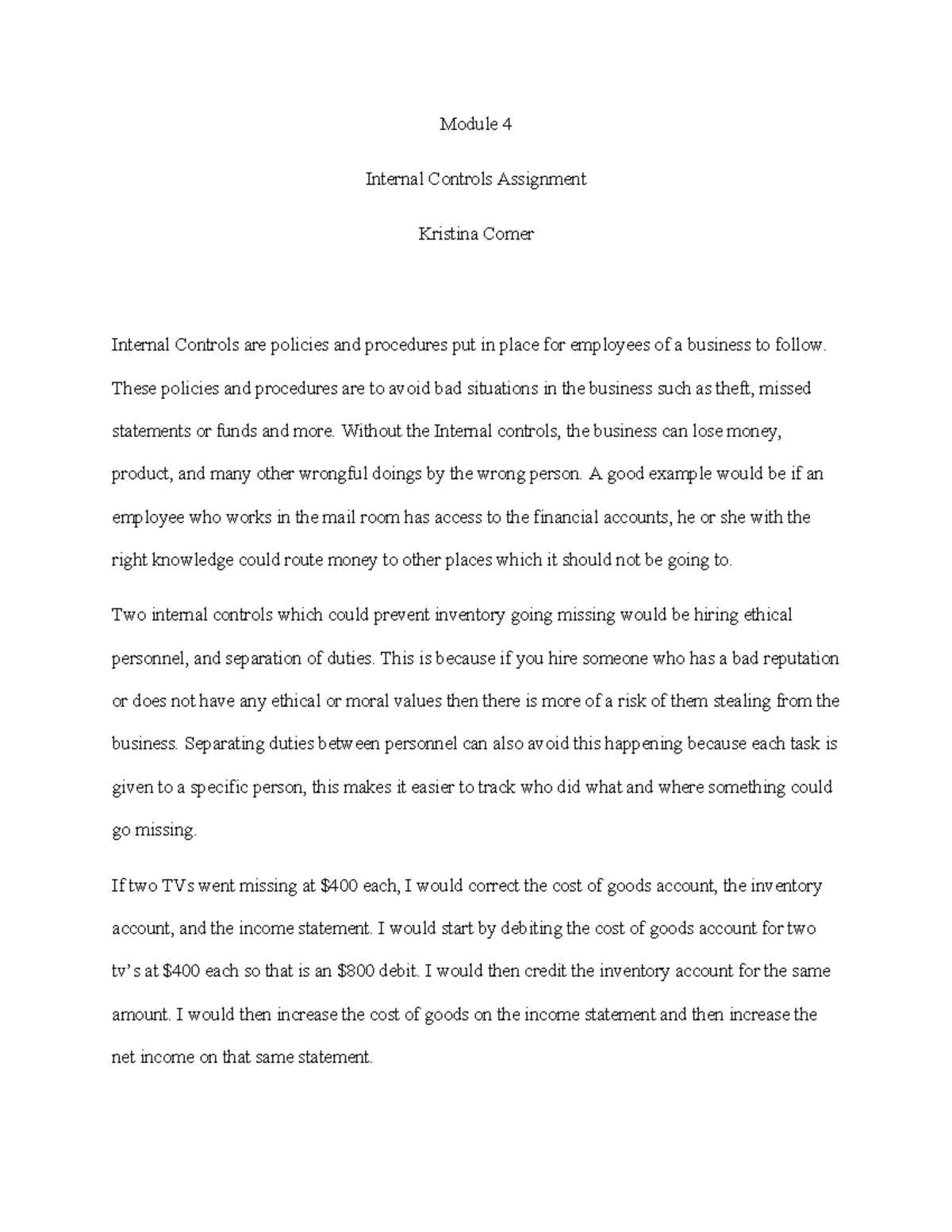 Module 4 Internal Controls These Policies And Procedures Are To Avoid