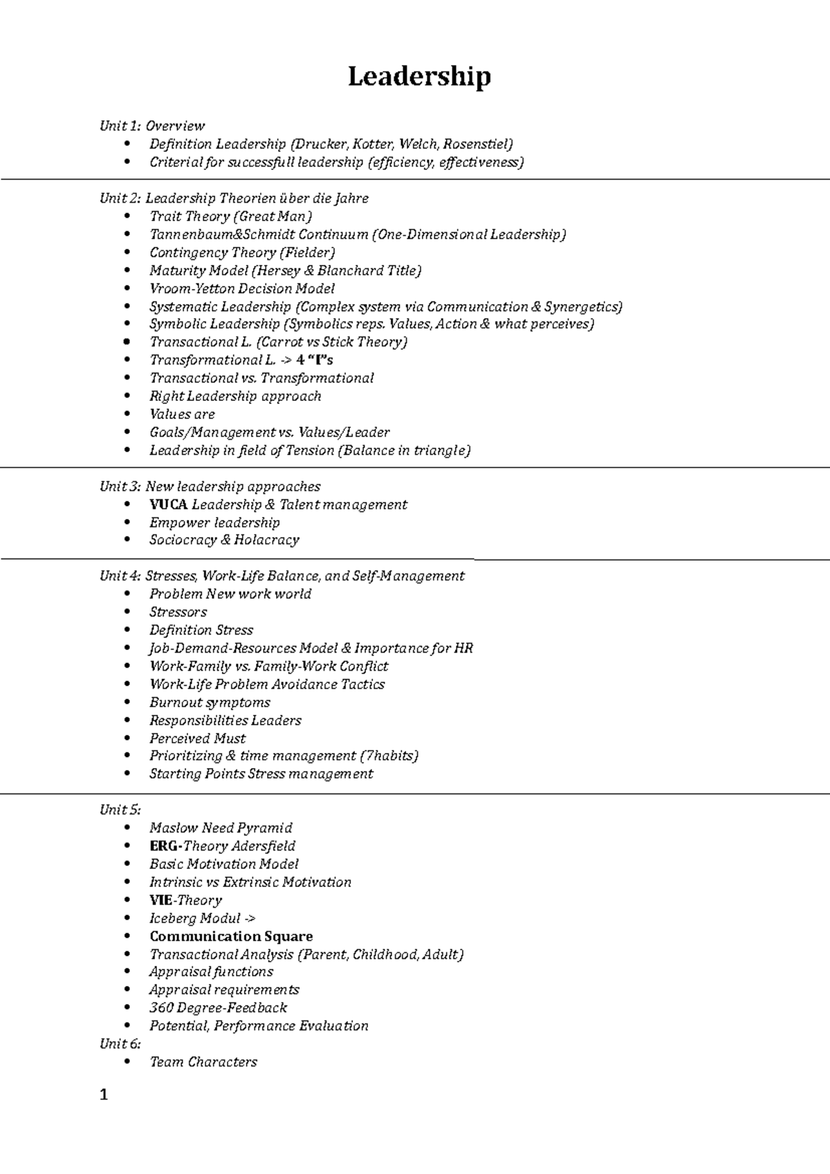 Leadership Summary Final Unit 1 Overview Definition Leadership