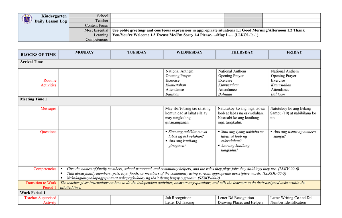 DLL MELC Q2 Week 17 - Kindergarten Daily Lesson Log School Teacher ...