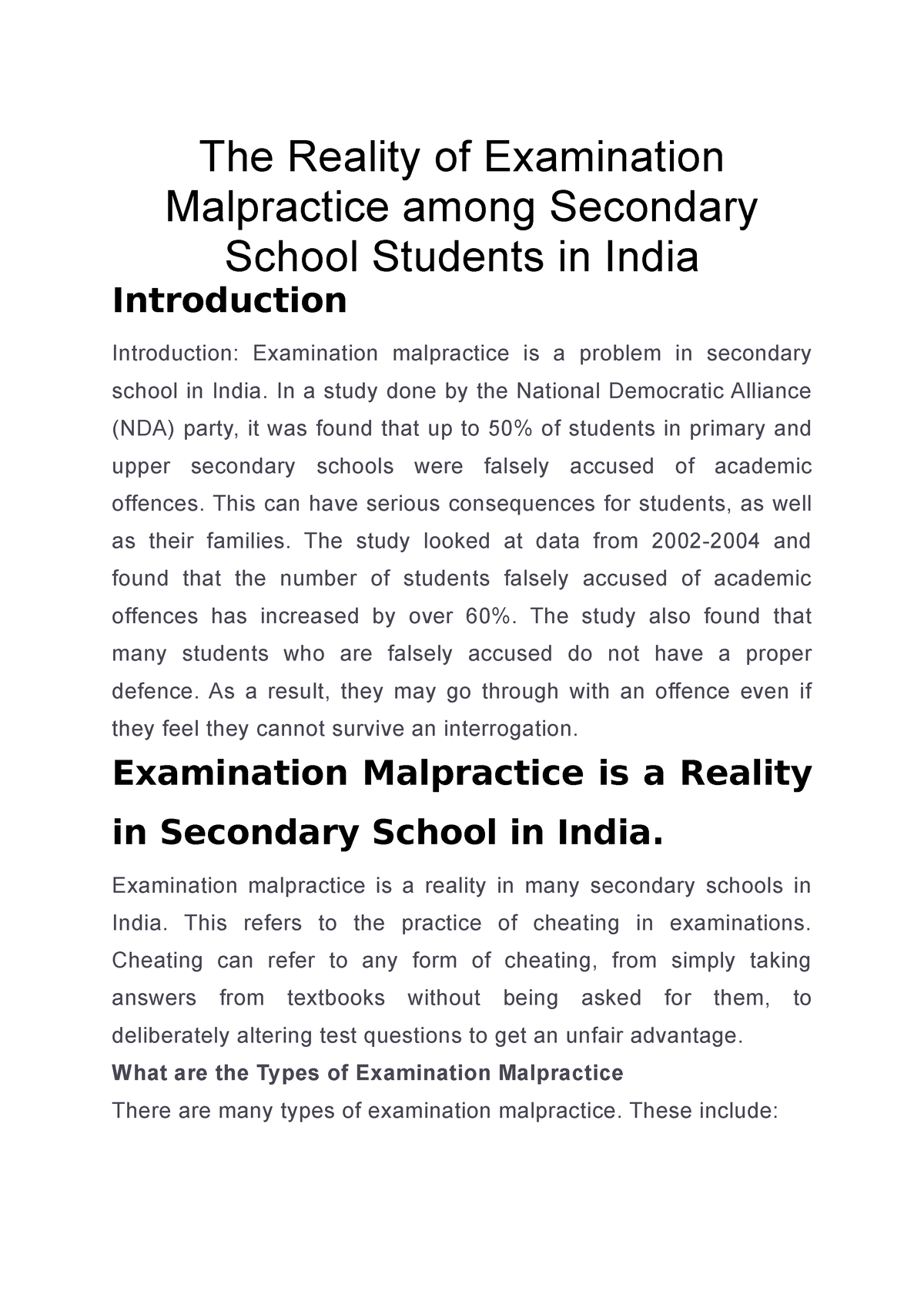 essay about examination malpractice