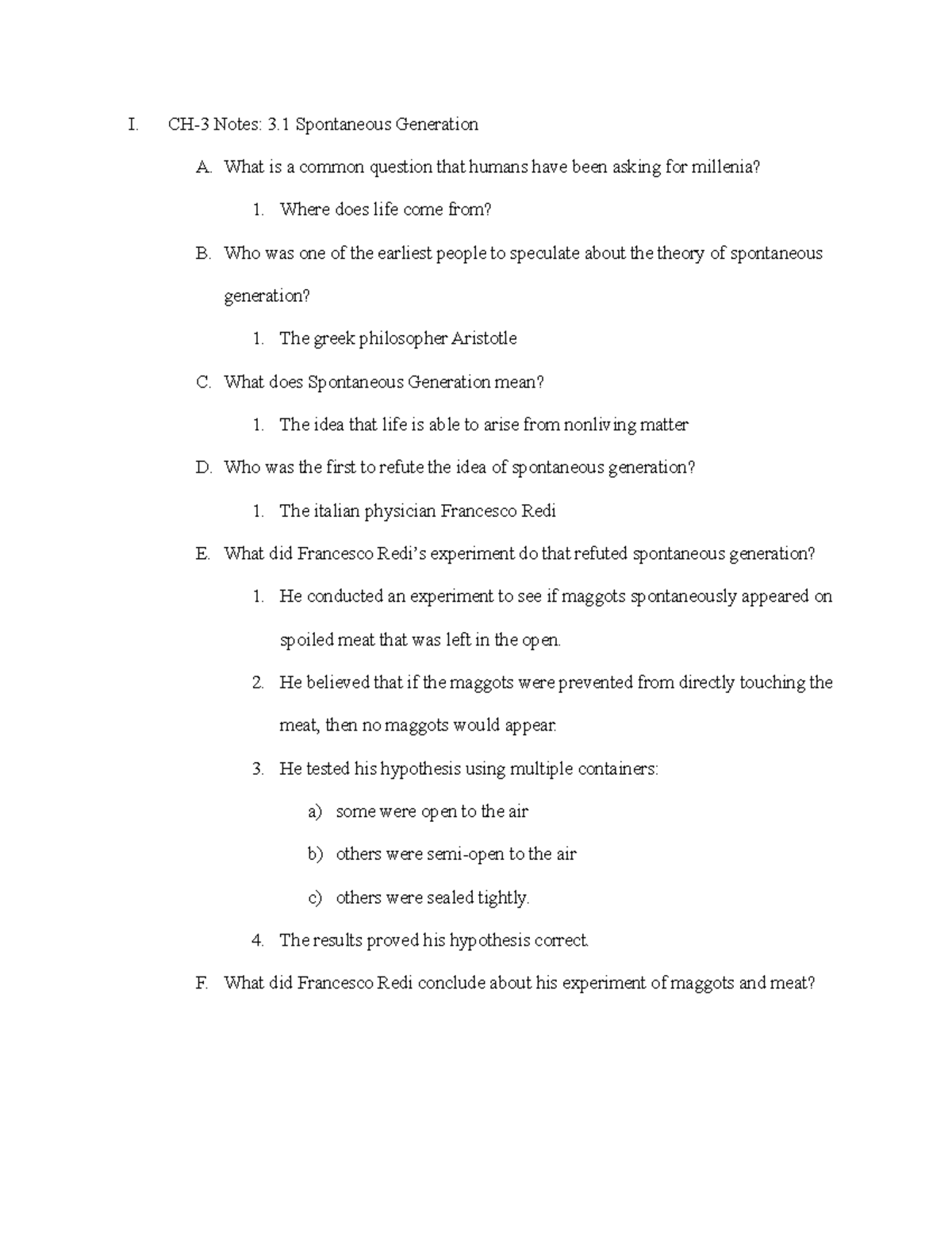 Bio 2280 Ch-3 Notes The Cell 3.1 Spontaneous Generation - I. Ch-3 Notes 