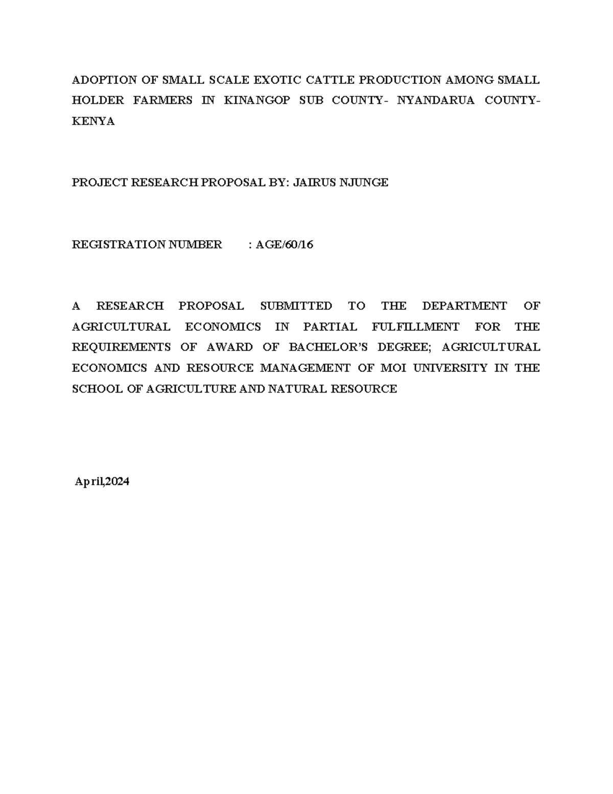 Final proposal - ADOPTION OF SMALL SCALE EXOTIC CATTLE PRODUCTION AMONG ...