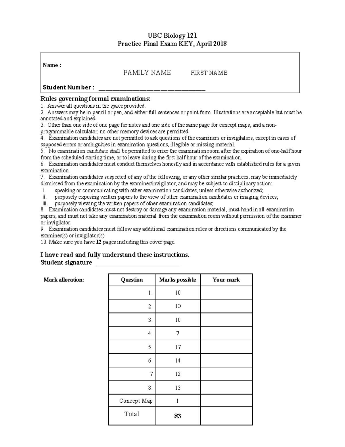 Practice Final KEY 2017 W2 - UBC Biology 121 Practice Final Exam KEY ...