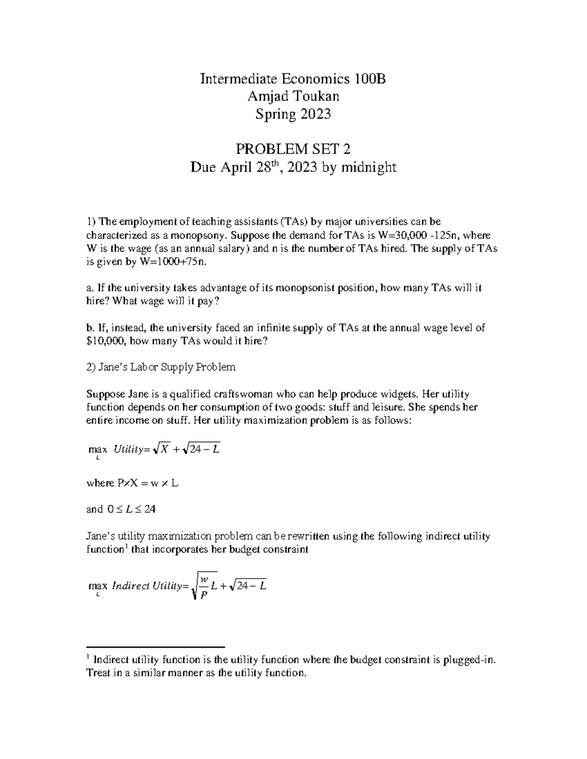 100B Problem Set2 Spring 2023 - ECON 100B - UC Irvine - Studocu
