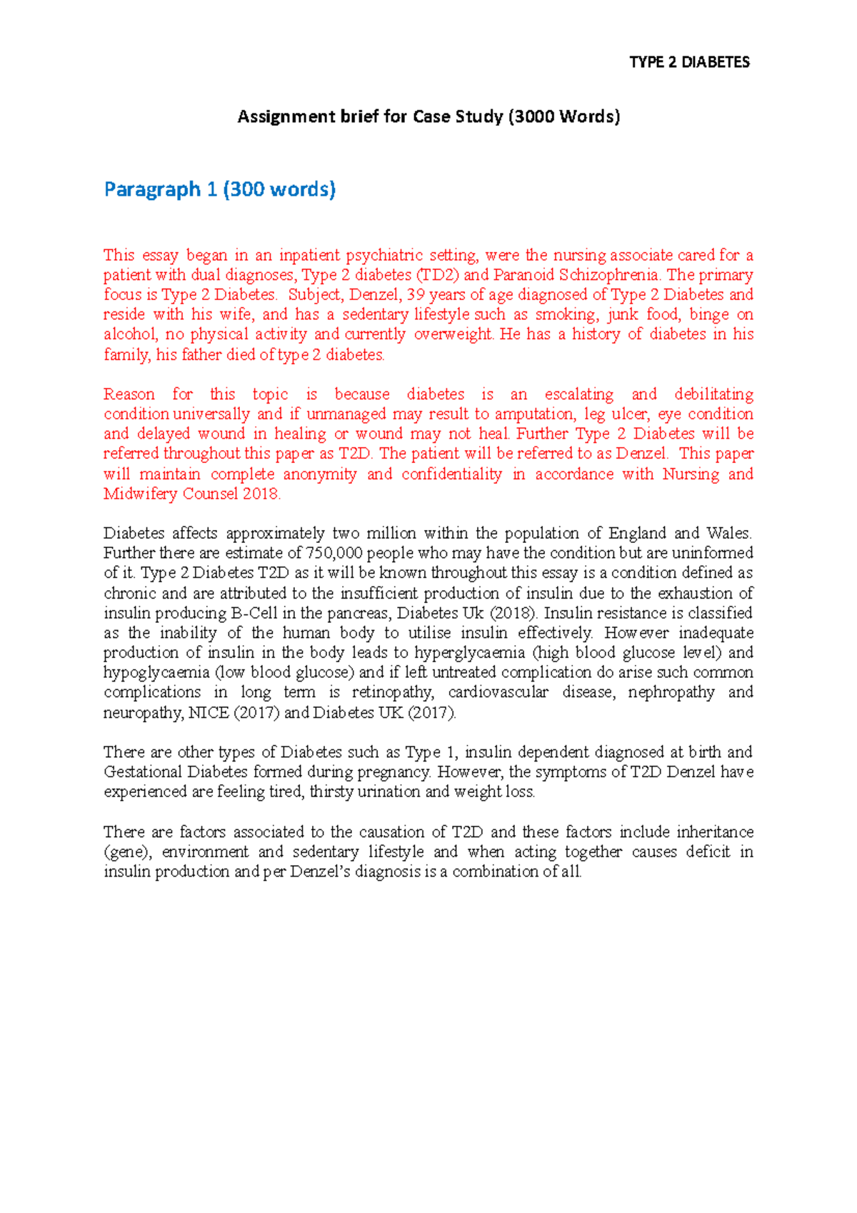 Diabetes two copy - Assignment brief for Case Study (3000 Words ...
