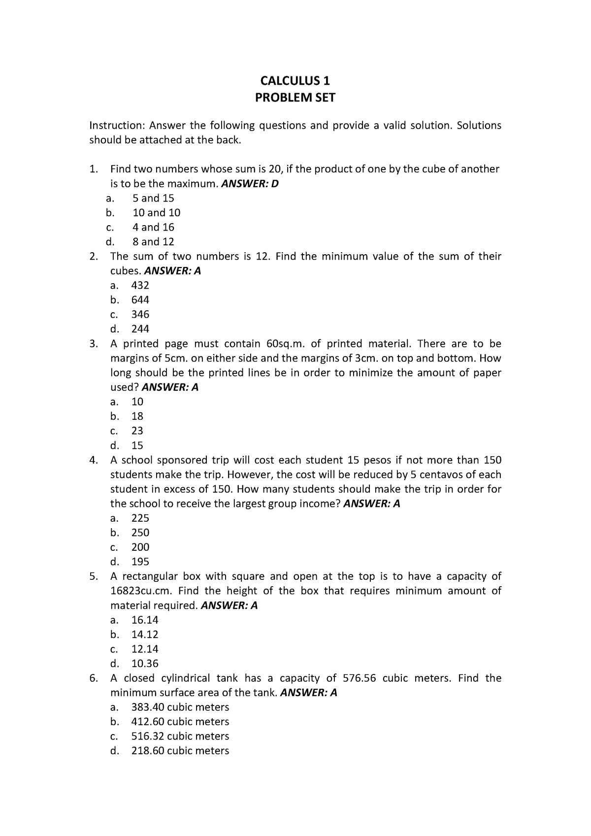 Calculus 1 - Problem SET 1 - CALCULUS 1 PROBLEM SET Instruction: Answer ...