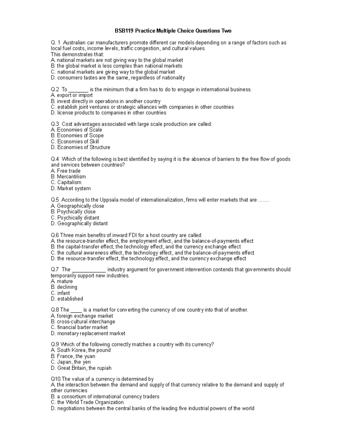 Practice MCQ Two - BSB119: Global Business - StuDocu