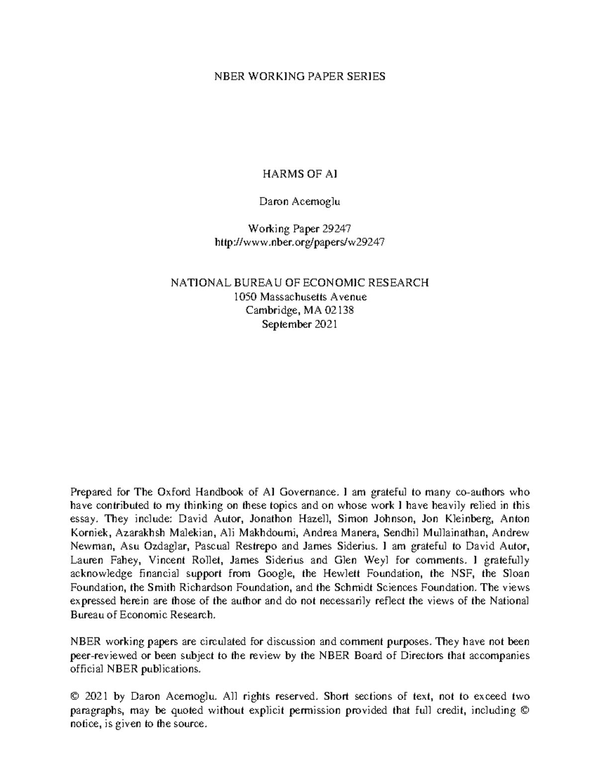 Harms OF AI - NBER WORKING PAPER SERIES HARMS OF AI Daron Acemoglu ...