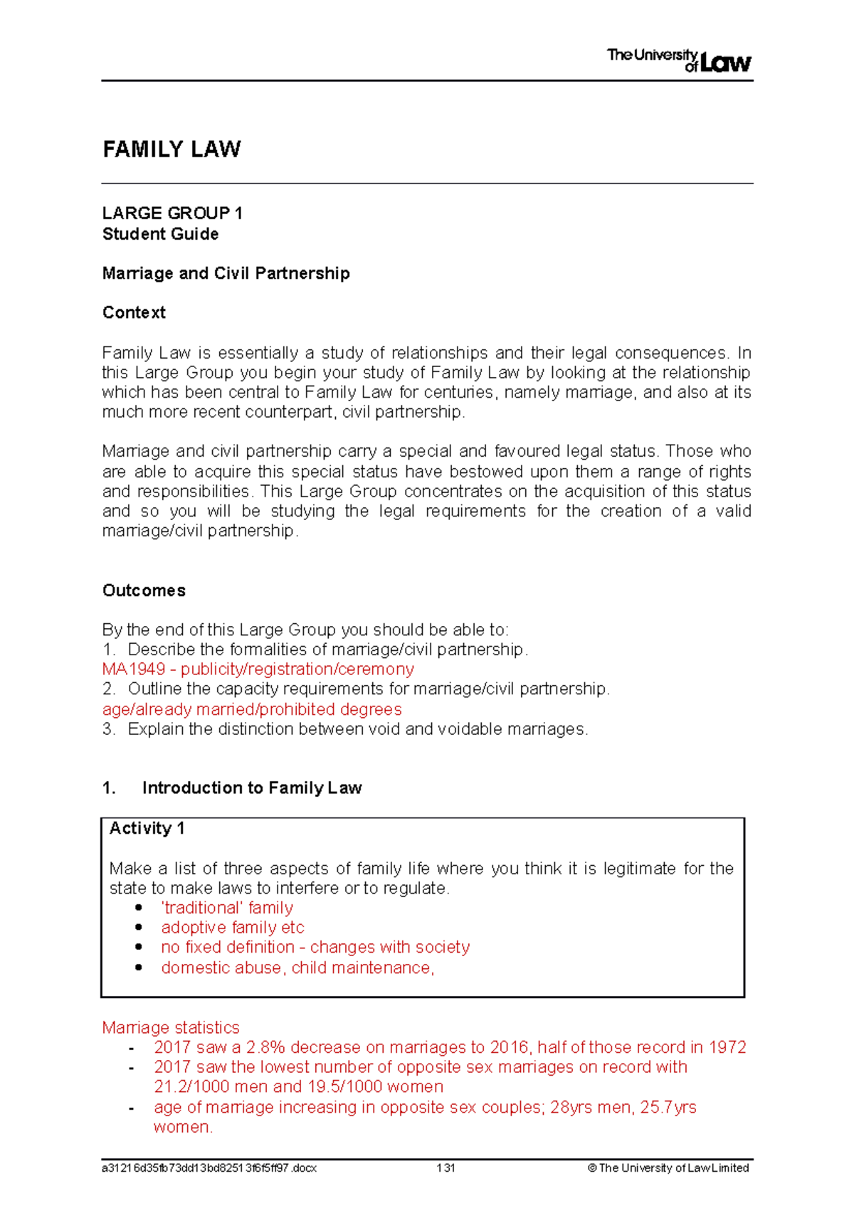 FAM WK1 LG - Marriage and civil partnership - FAMILY LAW LARGE GROUP 1 ...