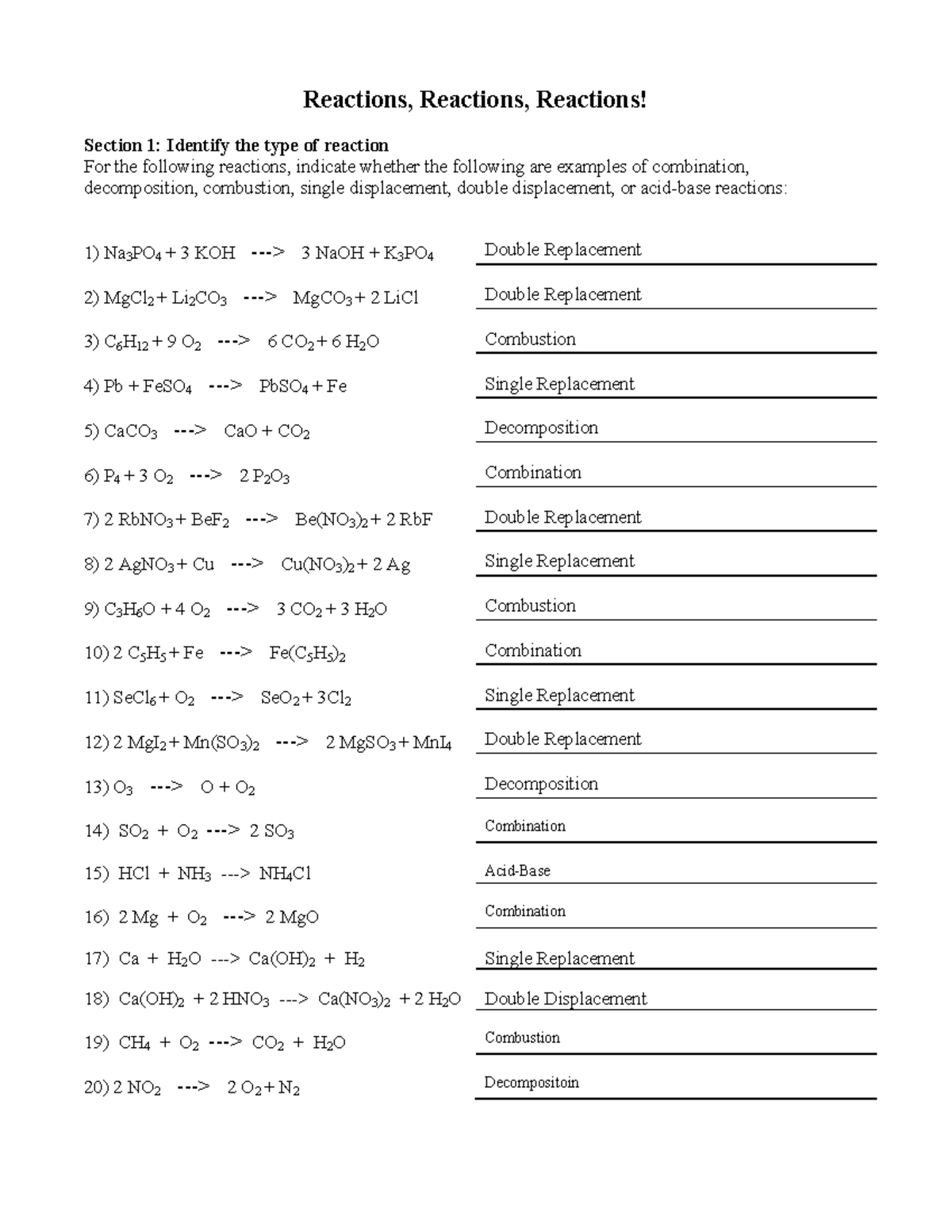 Reactions WKS KEY - Dr. F - Reactions, Reactions, Reactions! Section 1 ...