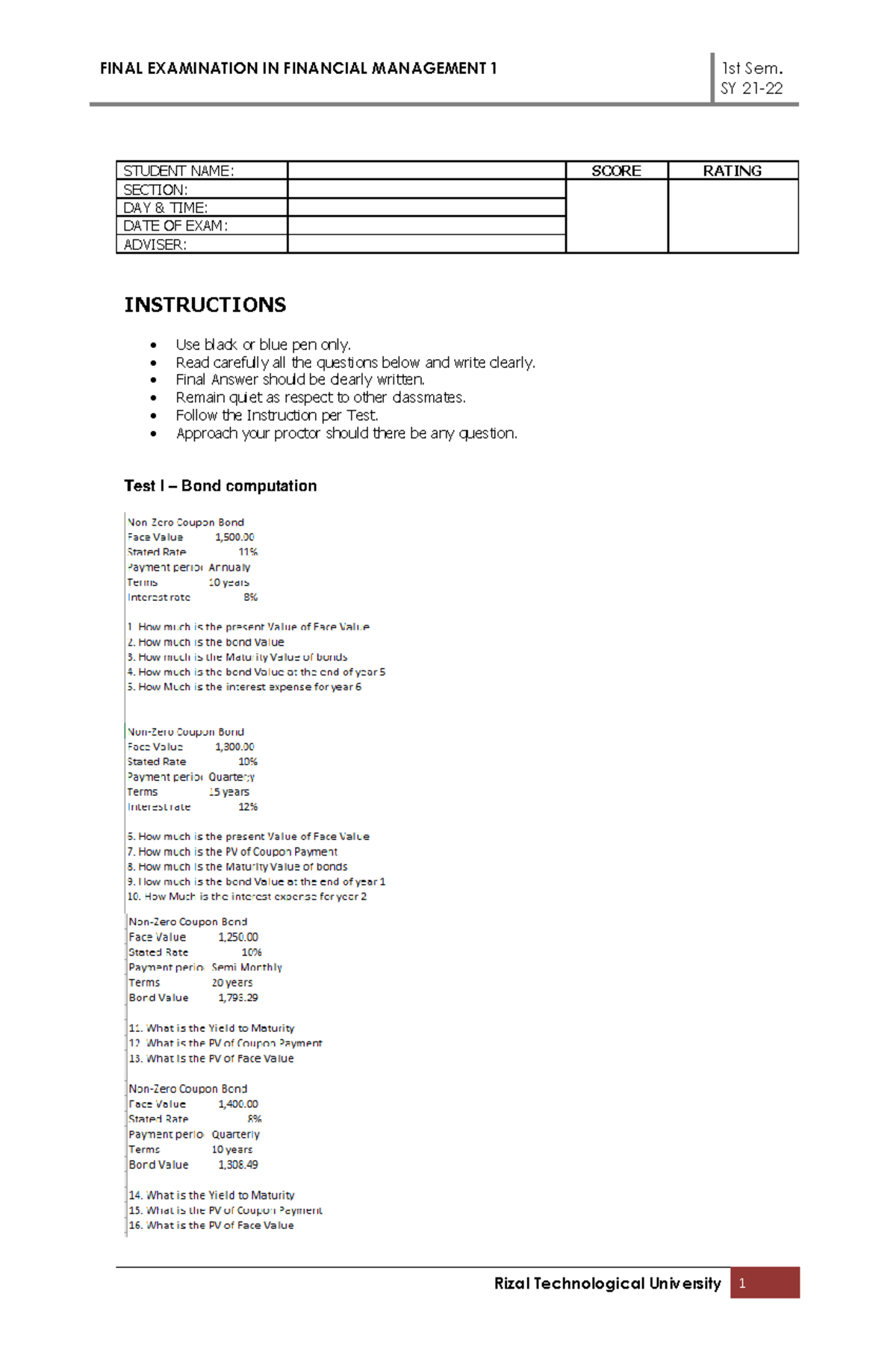 Finmgt Finals EXAM Template - FINAL EXAMINATION IN FINANCIAL MANAGEMENT ...
