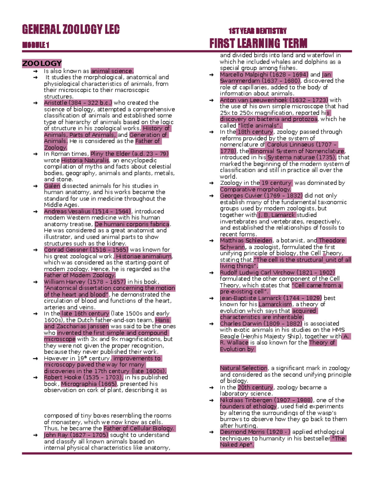General Zoology GENERAL ZOOLOGY LEC 1 ST YEAR DENTISTRY MODULE 1