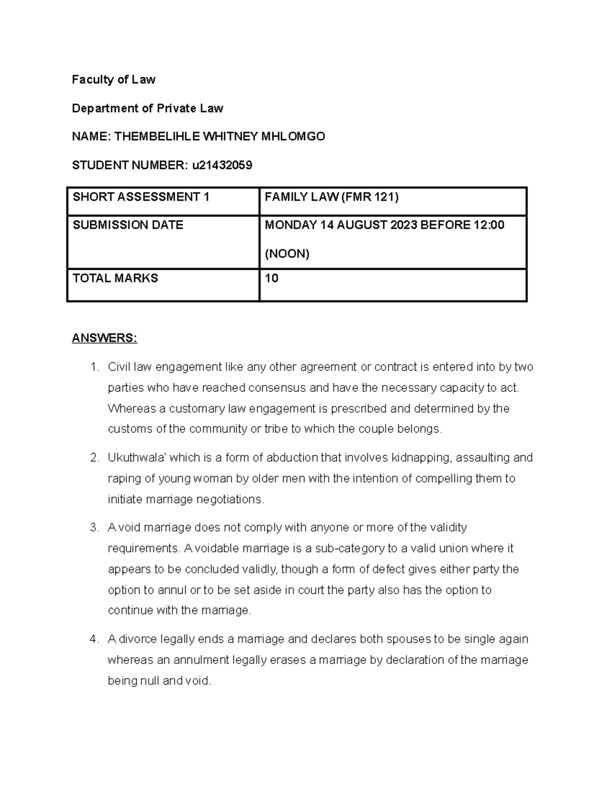 Family Law 121 Short Assessment 1 (answers) Faculty of Law Department