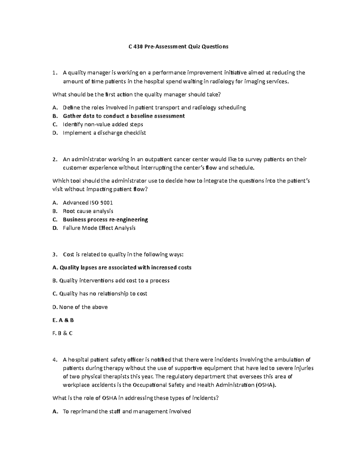 C 430 Quiz Questions KEY C 430 PreAssessment Quiz Questions A