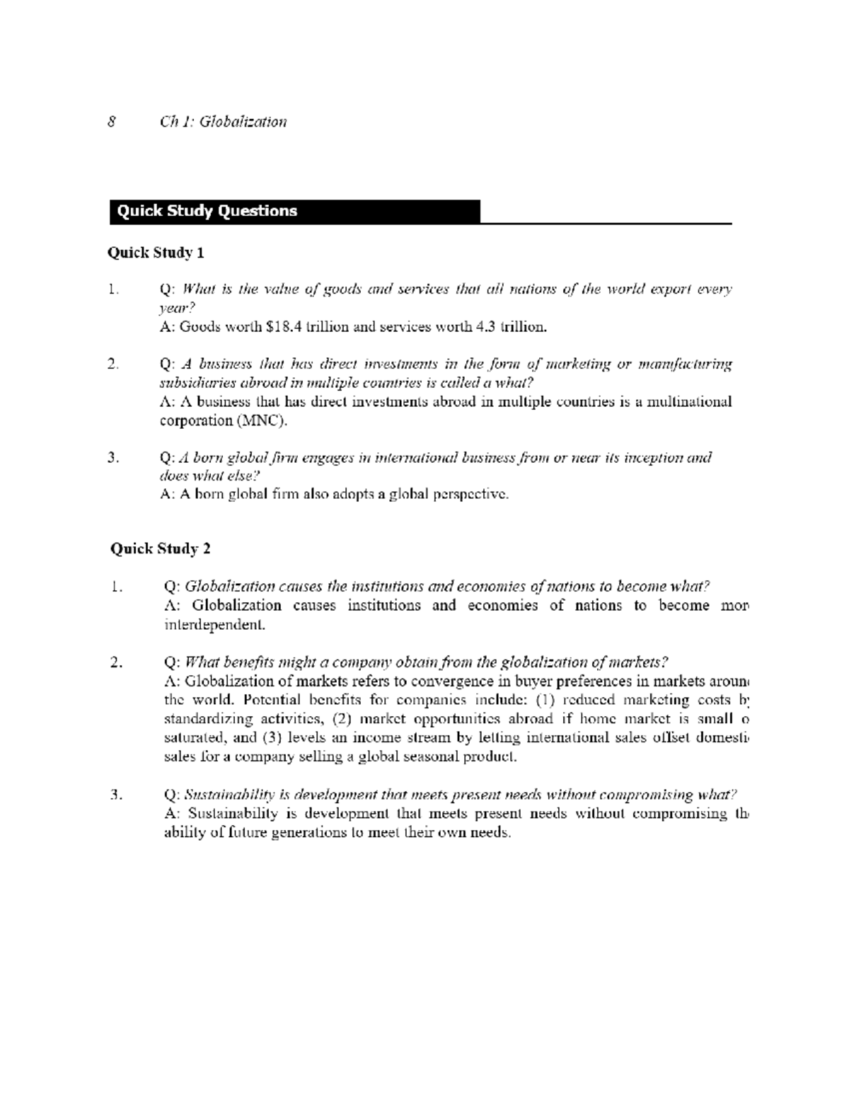 Quick Study Questions Chapter 1 Answers - MKTG 2033 - Studocu