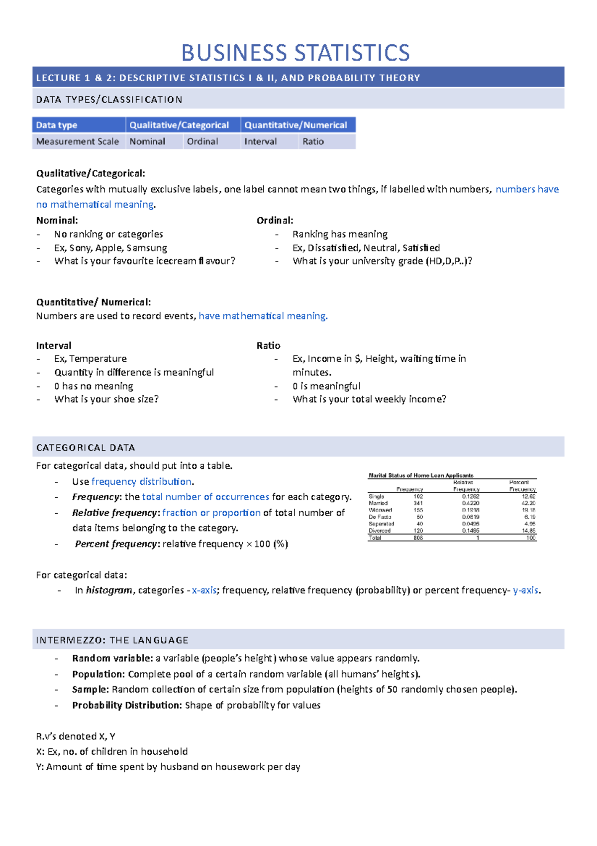 Business stats notes - LECTURE 1 & 2: DESCRIPTIVE STATISTICS I & II ...