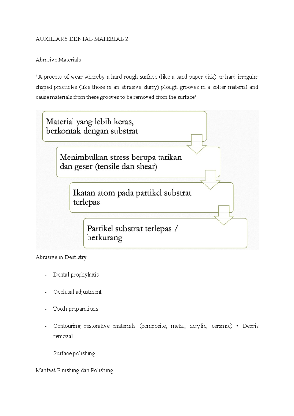 Auxiliary Dental Material 2 AUXILIARY DENTAL MATERIAL 2 Abrasive Materials "A process of wear