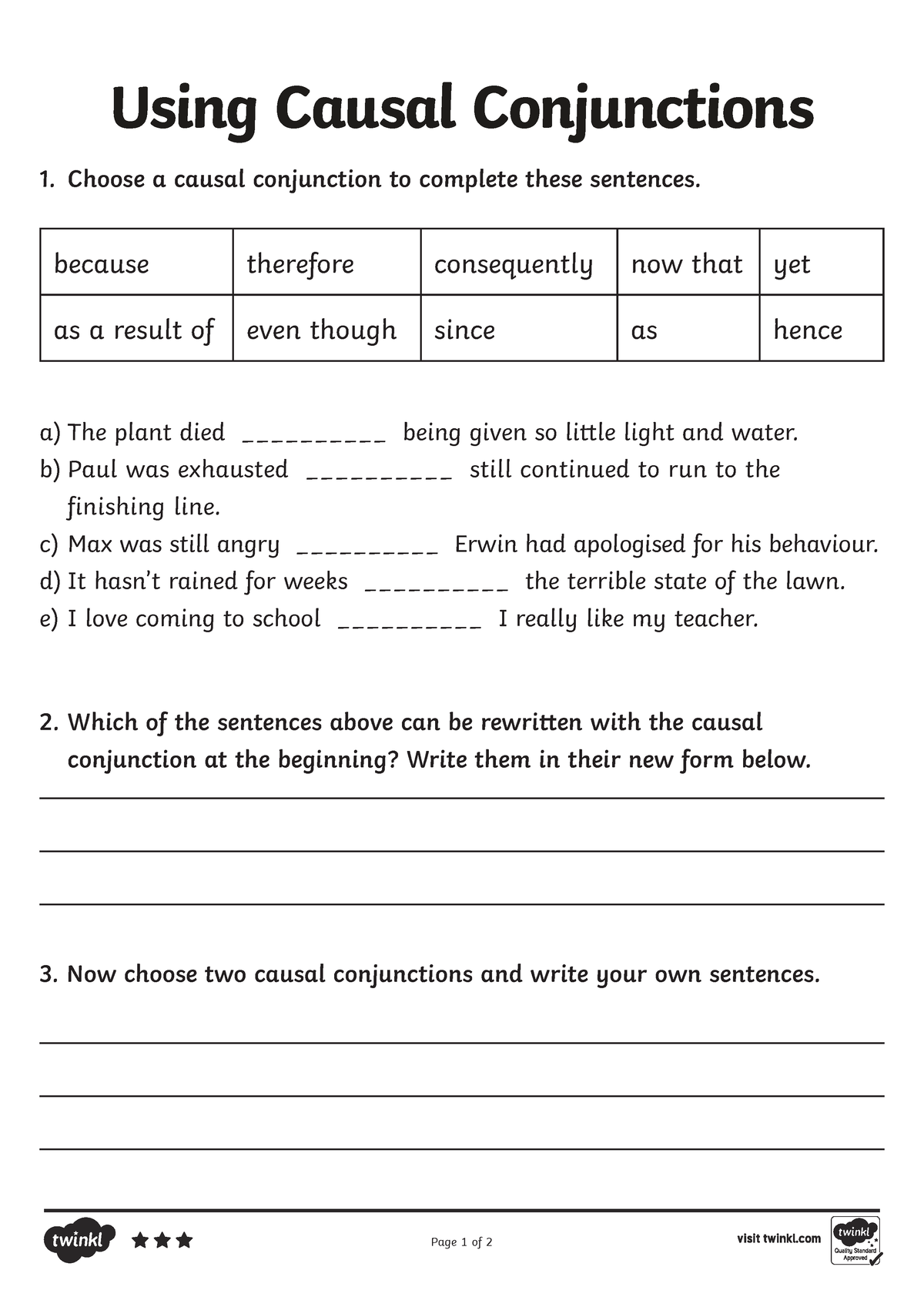 Causal Conjunctions Activity Sheet Higher Ability - Using Causal ...