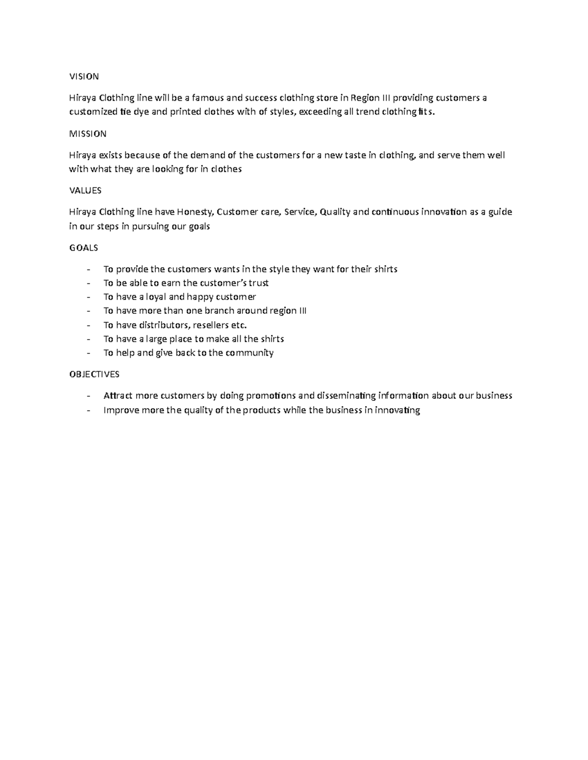 Vision Mission VISION Hiraya Clothing line will be a famous and