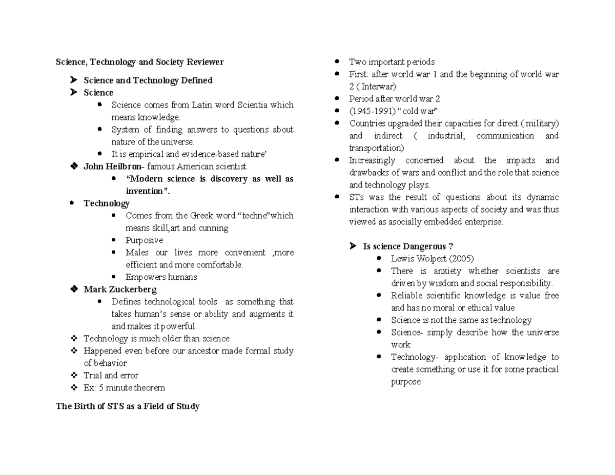 Sts reviewer - Science, Technology and Society Reviewer Science and ...