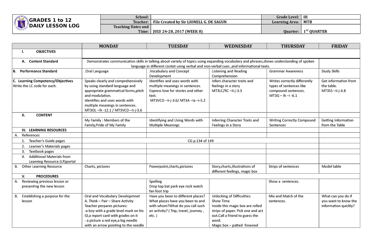 Grade 3 DLL MTB 3 Q1 Week 8 - GRADES 1 to 12 DAILY LESSON LOG School ...