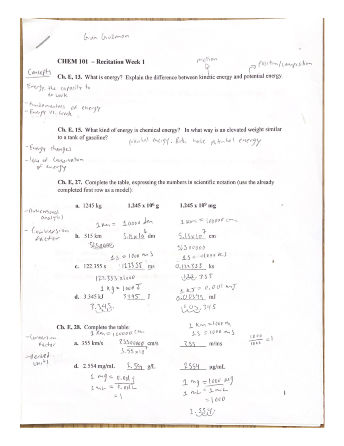 CHEM 101 - Recitation Week 1 - CHEM 101 - Studocu