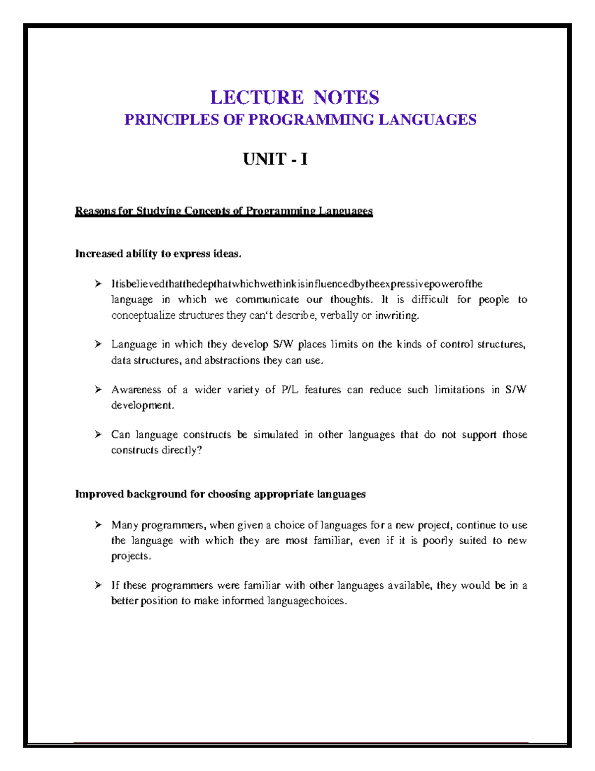 PPL Lecture Notes 1 - LECTURE NOTES PRINCIPLES OF PROGRAMMING LANGUAGES ...