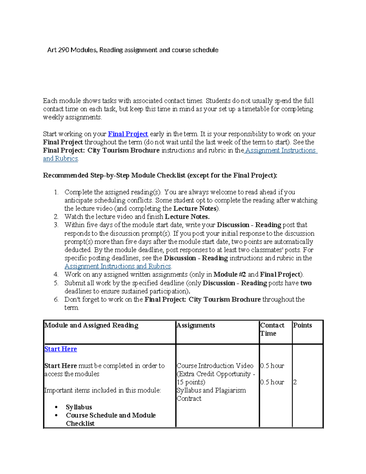 ART 290 Course Schedule - Each module shows tasks with associated ...