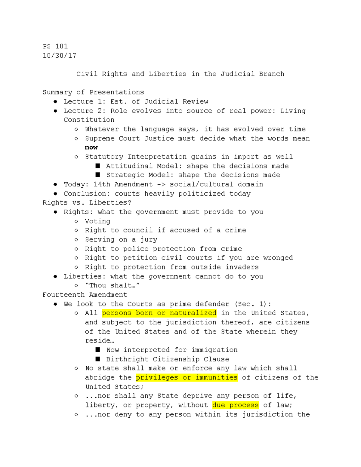 PS 101 10 30 17 - class notes - PS 101 Civil Rights and Liberties in ...