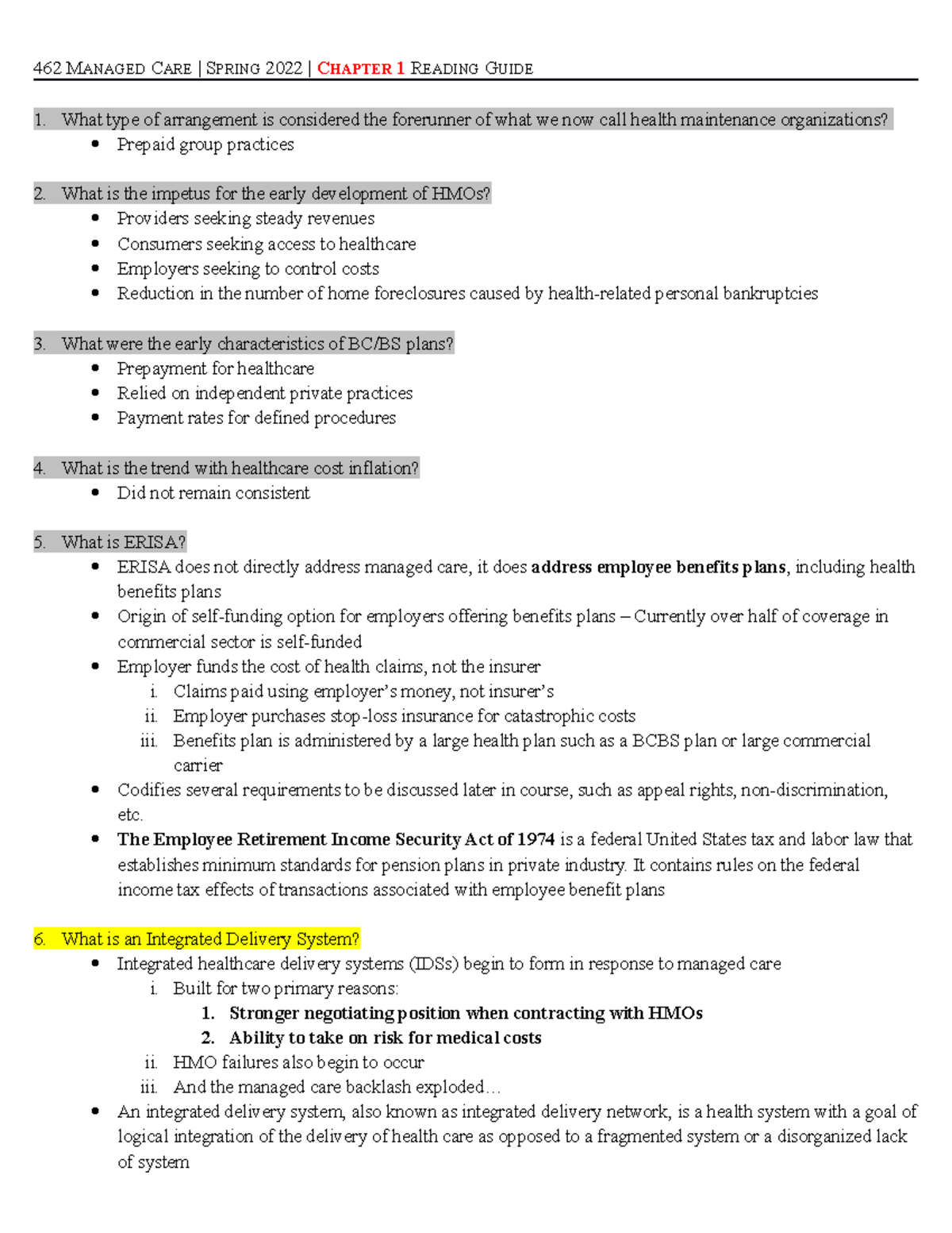 HSA 462 Chapter ONE Reading Guide - Spring 2022 - 462 MANAGED CARE ...