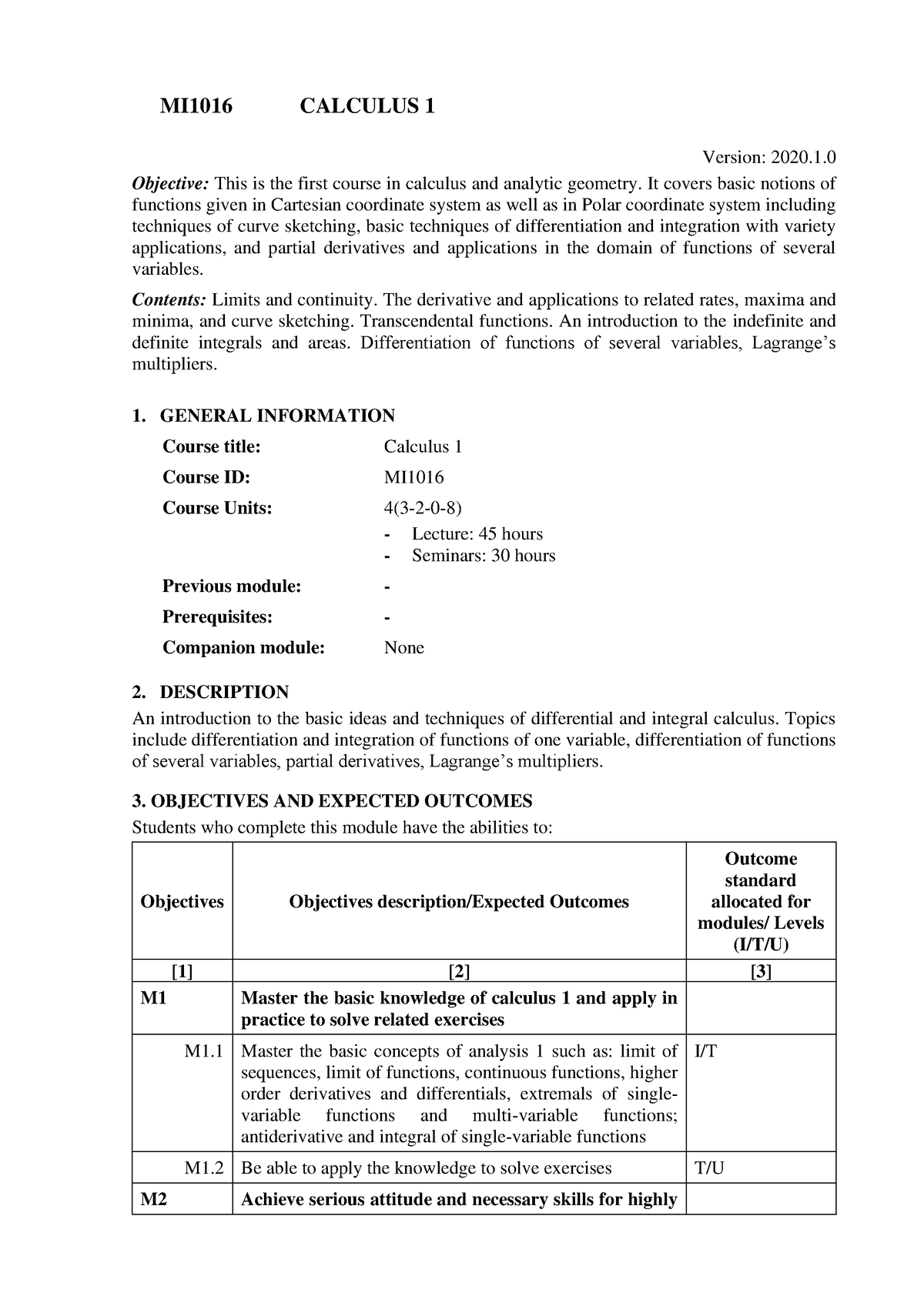 CTTT-MI1016-Calculus 1 - MI1016 CALCULUS 1 Version: 2020. Objective ...