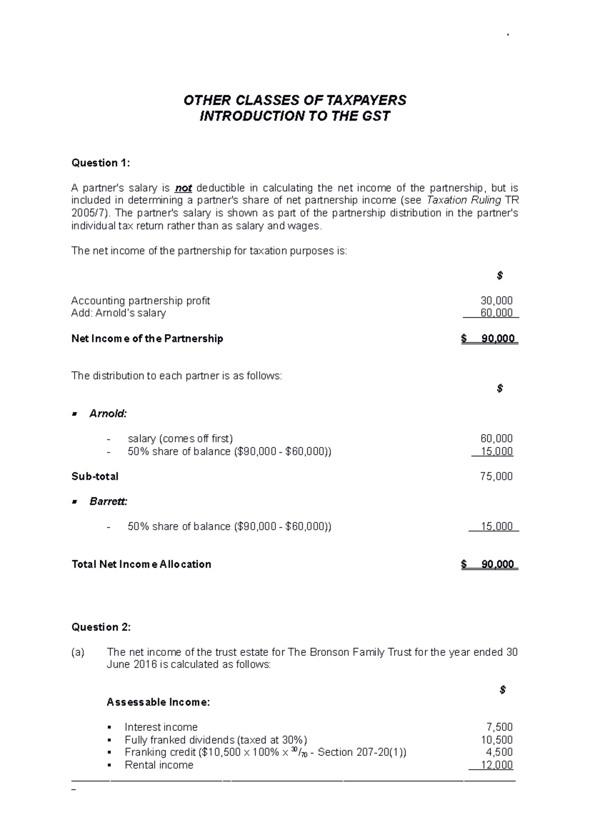 Week 10 Answers - notes - OTHER CLASSES OF TAXPAYERS INTRODUCTION TO ...