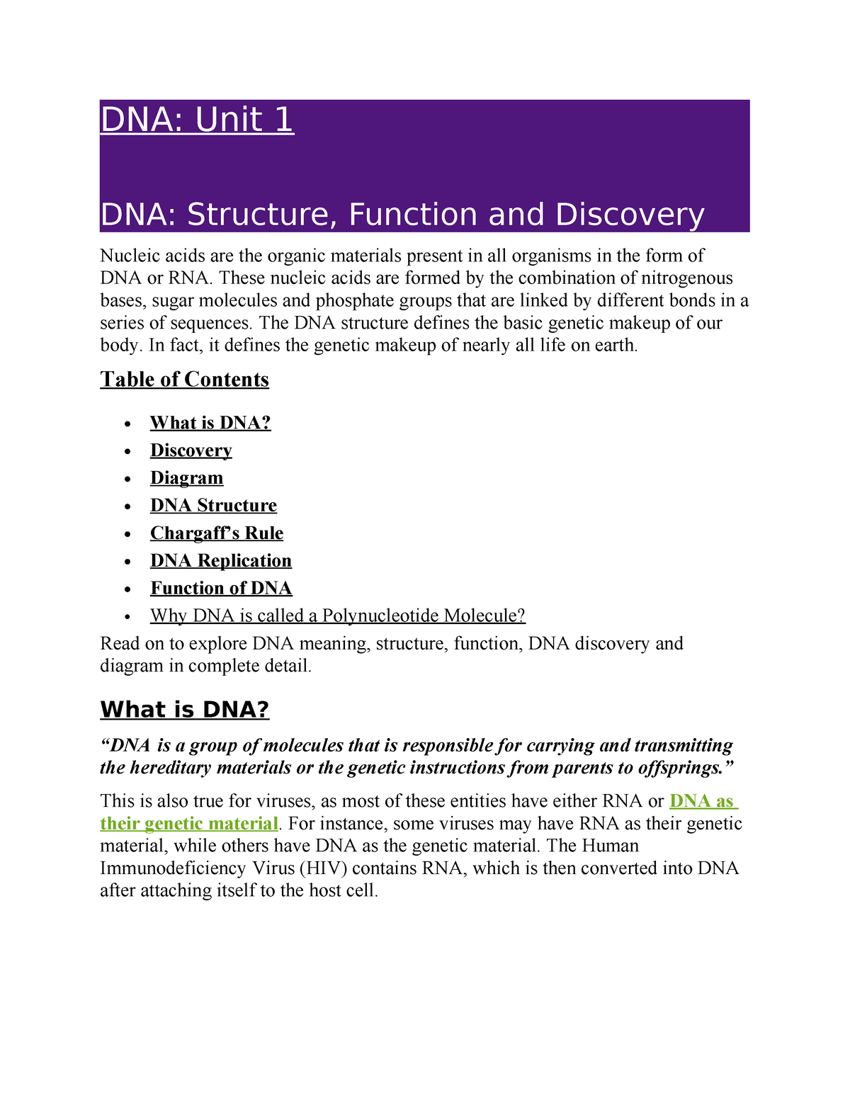 DNA Unit 1 DNA Definition Structure Discovery - DNA: Unit 1 DNA ...