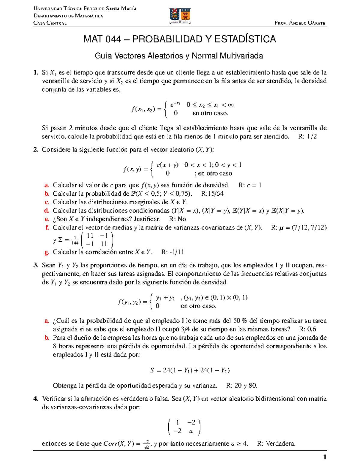 Guia Vectores Aleatorios Y Normal Multivariada Universidad T ecnica 