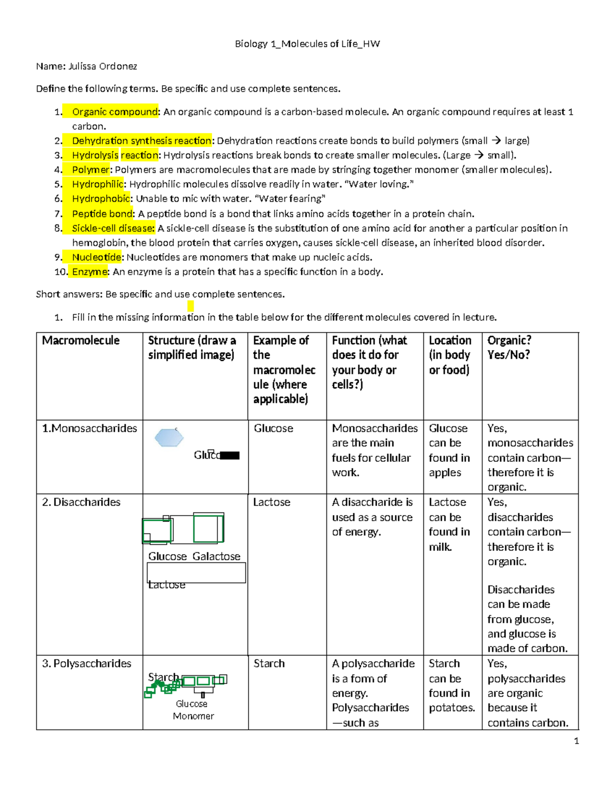 HW3 - AP BIOlogy assignment - Biology 1_Molecules of Life_HW Name ...