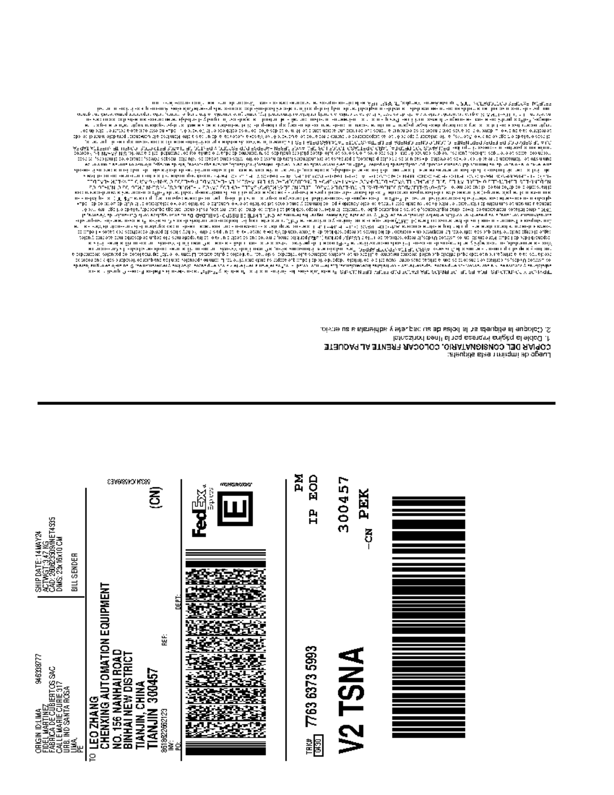 776363735993 Etiqueta de envío de Fed Ex - SHIP DATE: 14MAY TO (CN) TRK