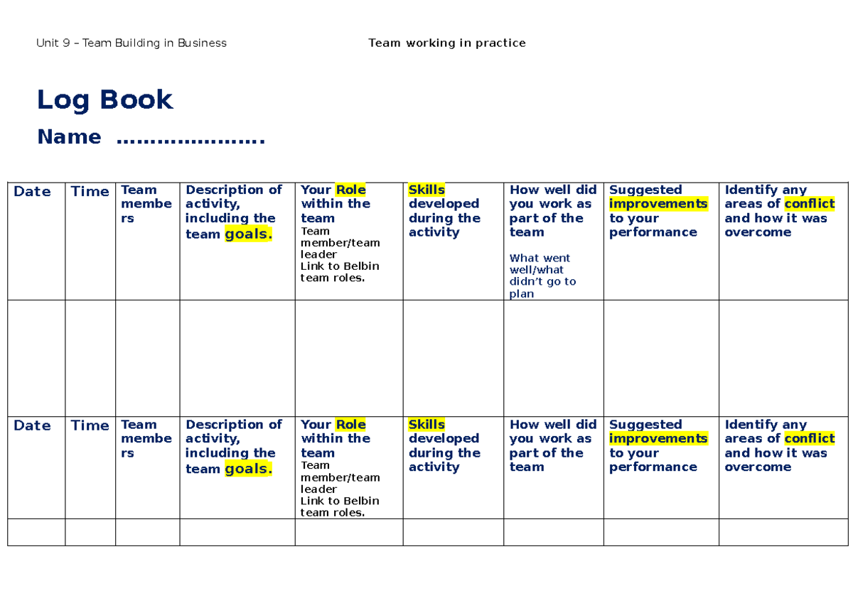 Log Books wwwww Log Book Name................... Date Time Team
