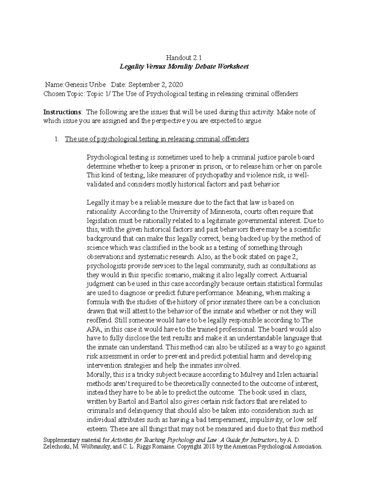 Legal vs Moral Debate PS 3700 Fall 2020 2 Handout 2. Legality Versus