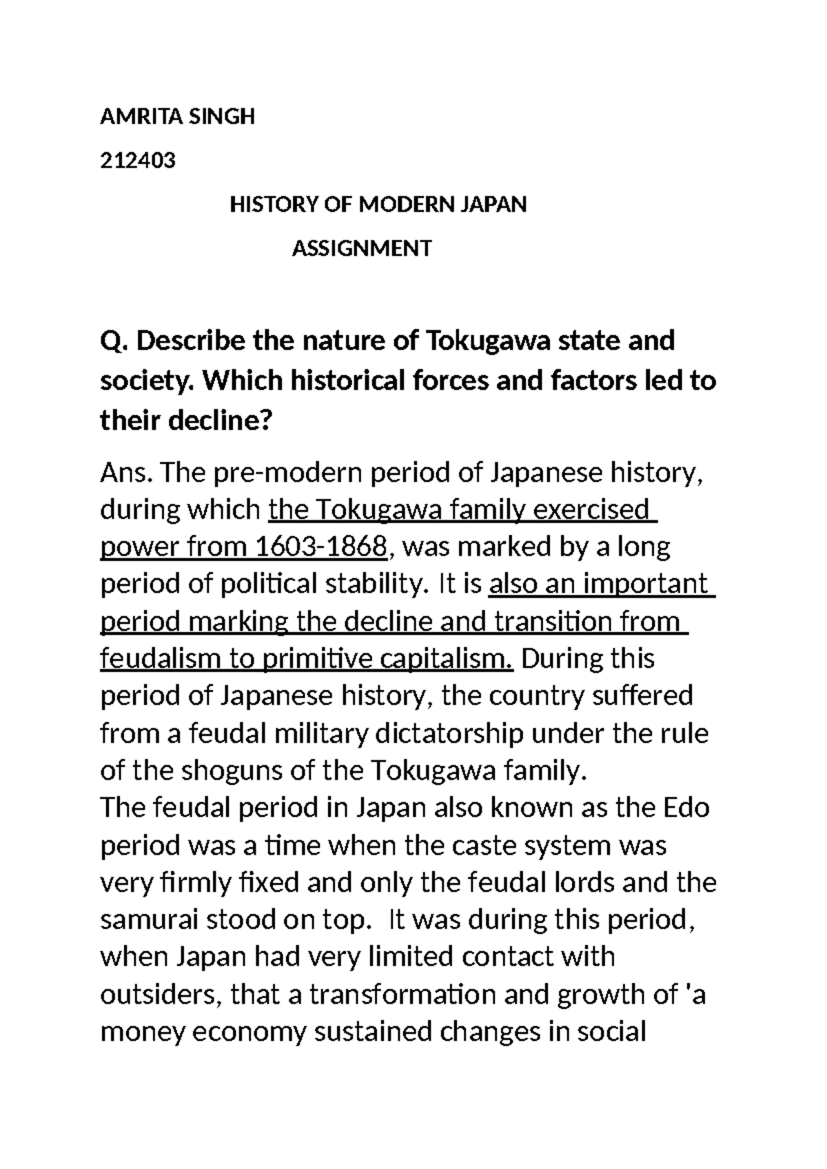 Japan ass - AMRITA SINGH 212403 HISTORY OF MODERN JAPAN ASSIGNMENT Q ...