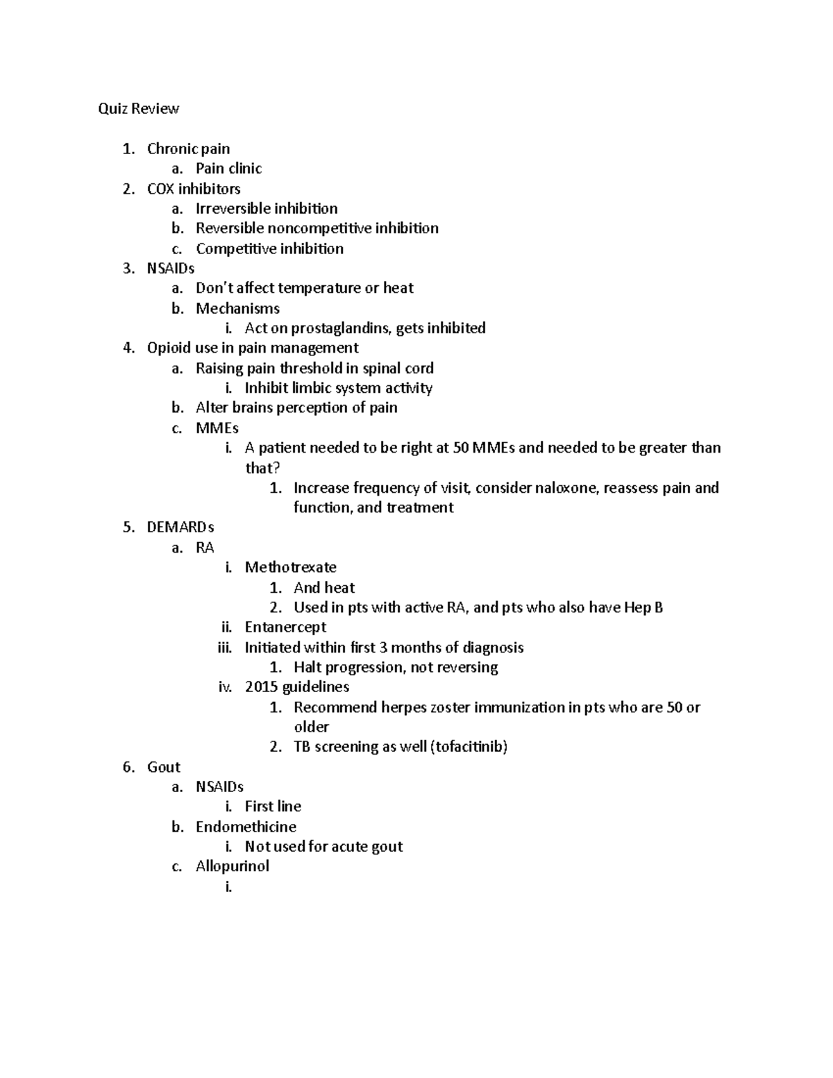 Quiz Review - notes - Quiz Review Chronic pain a. Pain clinic COX ...