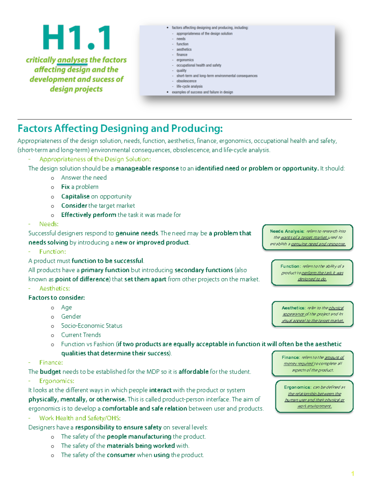 H1 - H1.1. notes for design and tech - - Studocu
