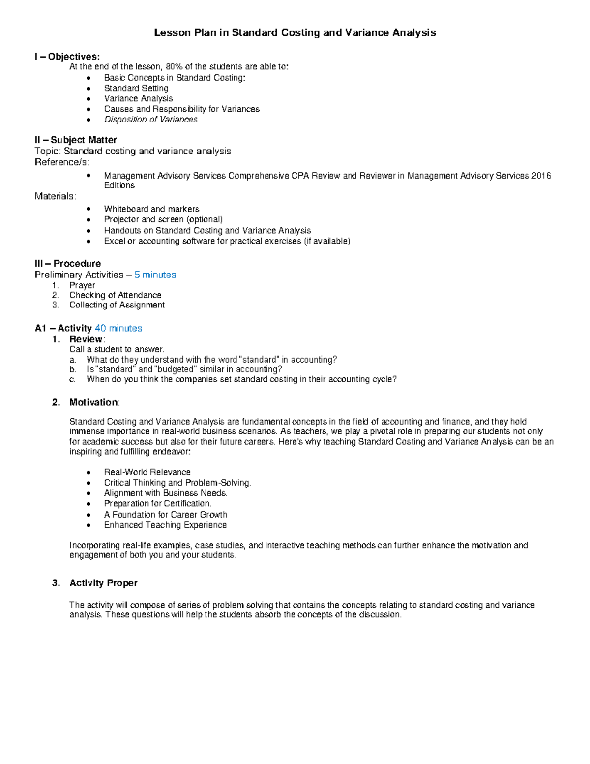 Lesson Guide - Strategic Cost Management - Standard Cost and Variance ...