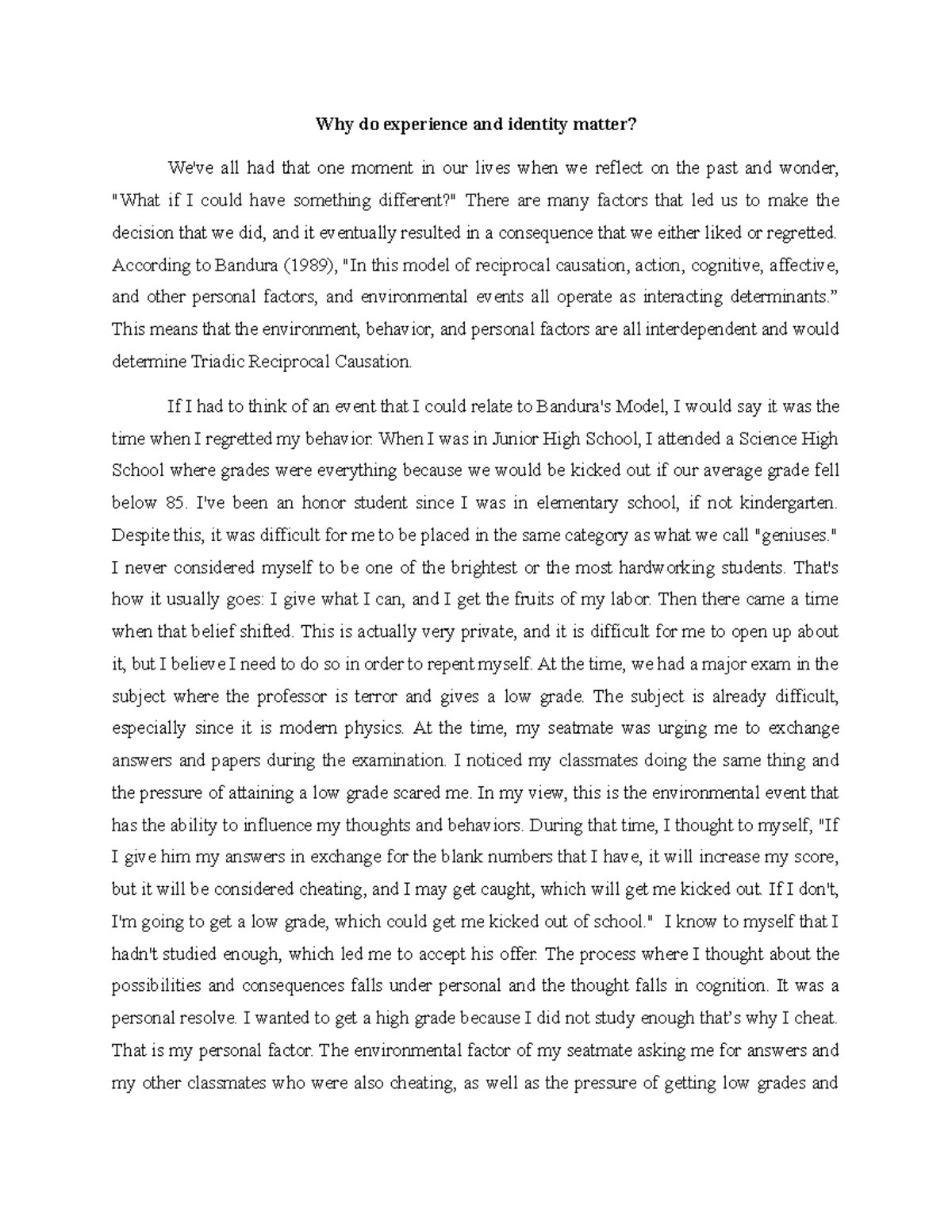 UTS fa2 - ESSAY - Why do experience and identity matter? We've all had ...
