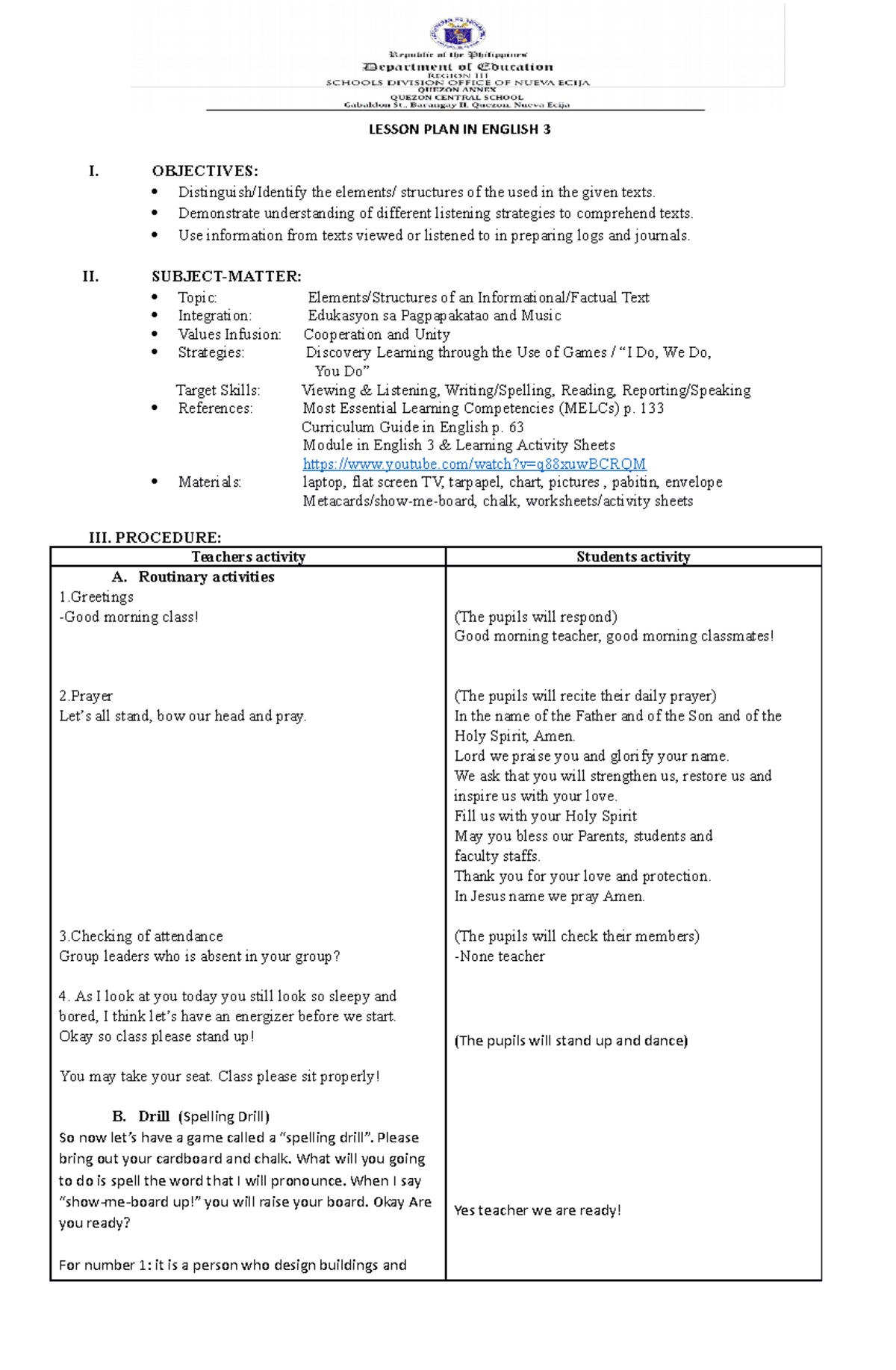 Lesson plan science 3 - LESSON PLAN IN ENGLISH 3 I. OBJECTIVES ...