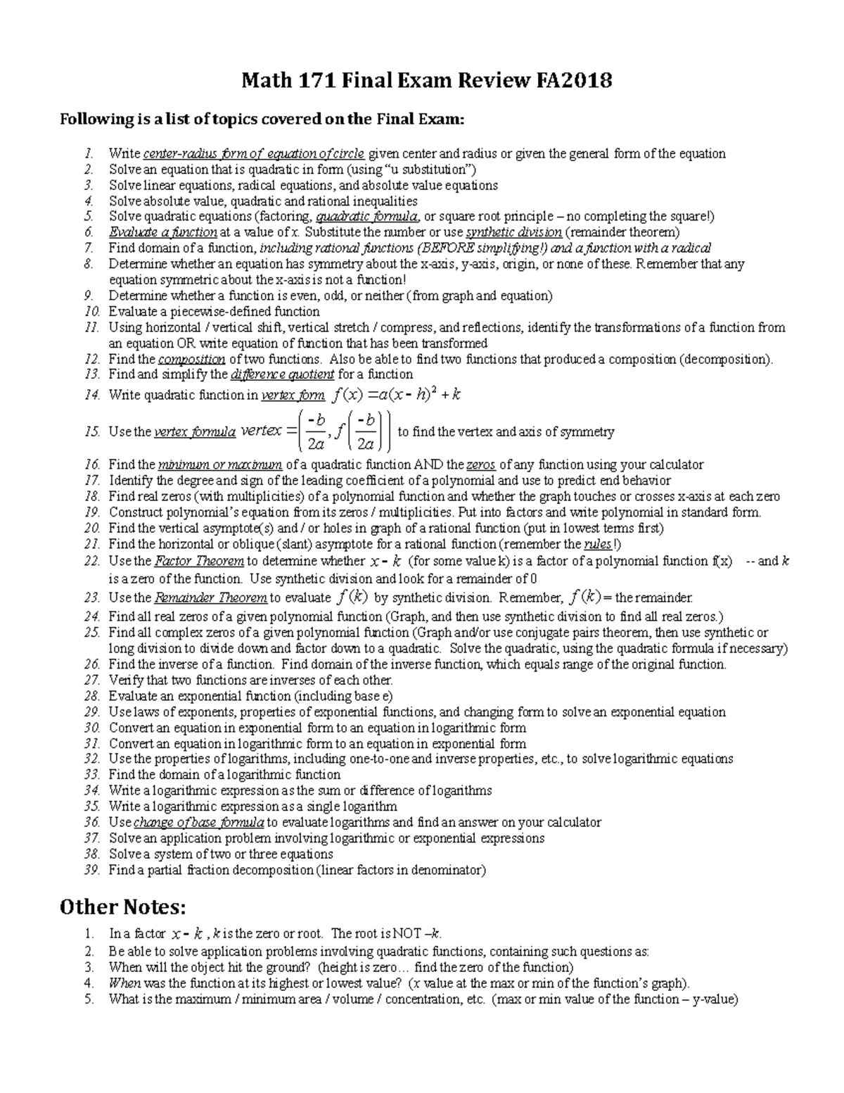 Final Exam Review Topics FA2019 - Math 171 Final Exam Review FA ...