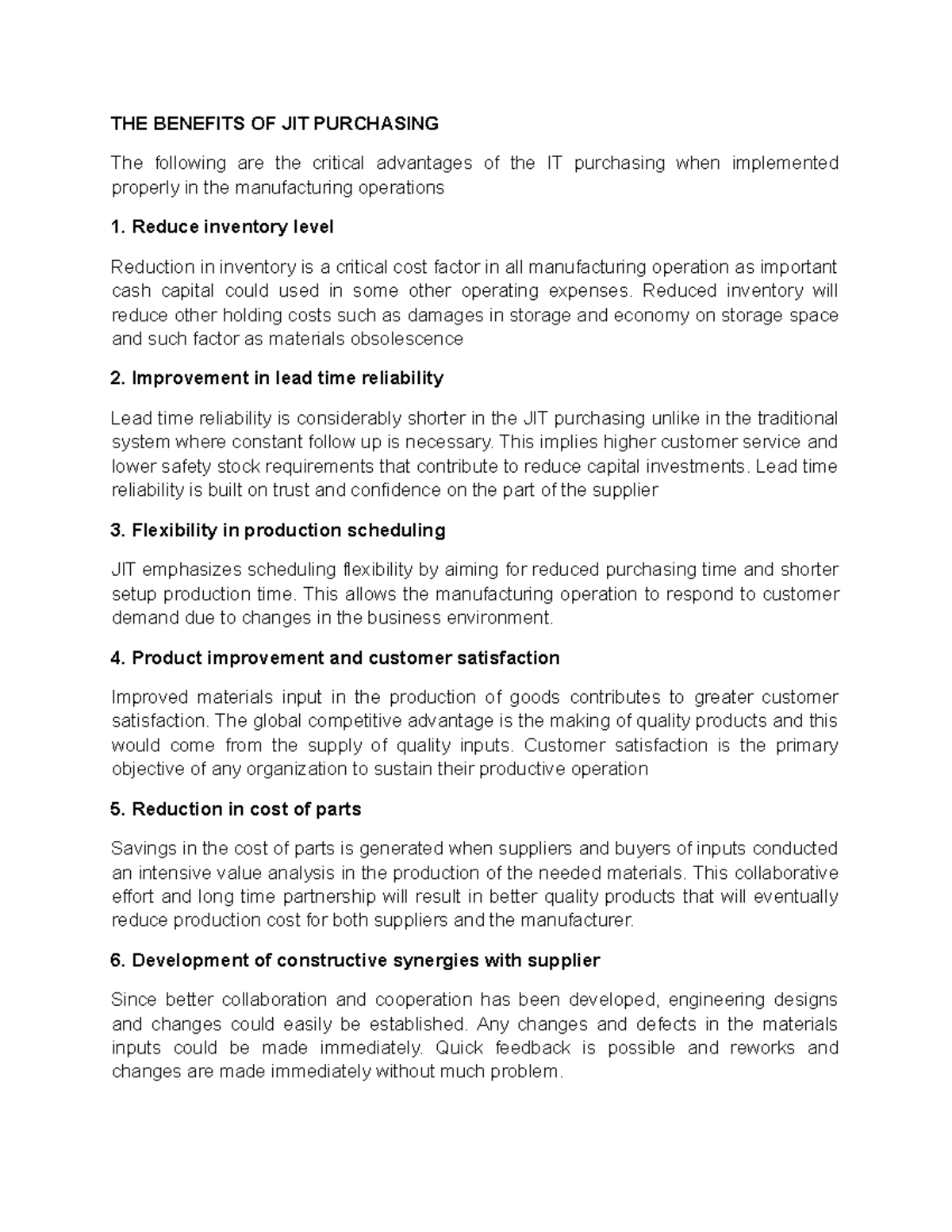 Lesson 57 THE Benefits OF JIT Purchasing THE BENEFITS OF JIT